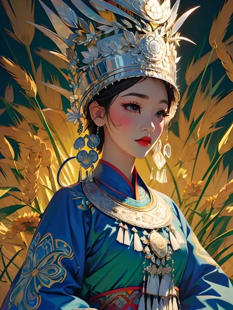 (illustration:1.3)Hmong girls wearing Hmong costumes (by Artist Anna Dittman:1), (((Masterpiece))), (((Best quality))), ((Ultra-detailed)),(Meticulous),((An extremely delicate and beautiful)), Hmong,garments、head gear、耳Nipple Ring，Wheat background，Cutout