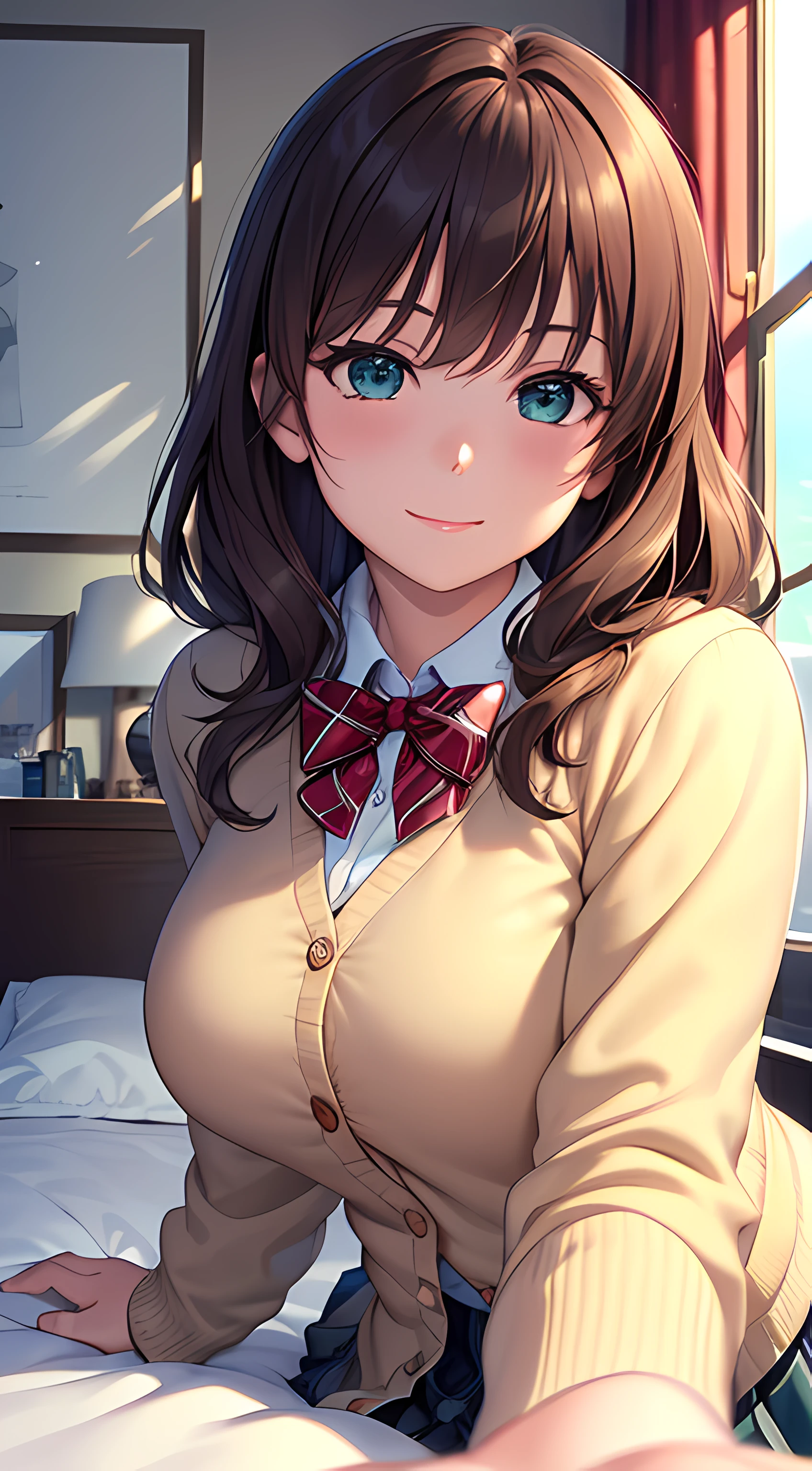 ((masterpiece, best quality, highres, UHD, perfect pixel, depth of field, 4k, RTX, HDR))), 1girl, single, solo, beautiful anime girl, beautiful artstyle, anime character, ((long hair, bangs, brown hair, curly hair:0.8)), ((green eyes:1.4, rounded eyes, beautiful eyelashes, realistic eyes)), ((detailed face, blushing:1.2)), ((smooth texture:0.75, realistic texture:0.65, photorealistic:1.1, anime CG style)), medium breasts, dynamic angle, perfect body, ((POV, sleeping pose, supine pose, laying on the bed, sighing expression)), ((red bowtie, school uniform, white shirt, brown cardigan, long sleeve, black skirt, plaid skirt)), smile, indoor, bedroom, natural light, sunshine