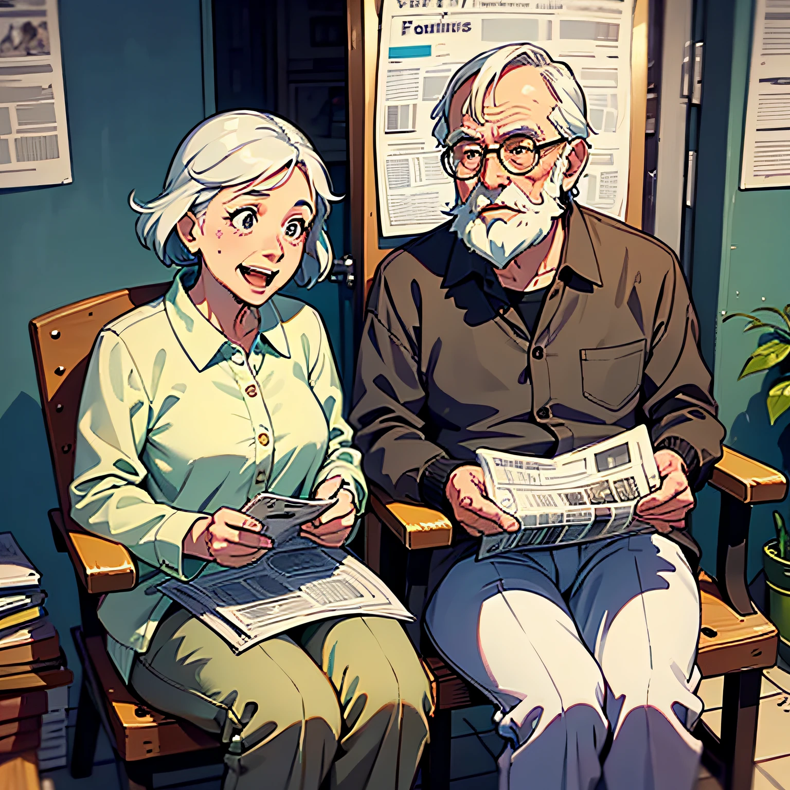 A 70-year-old gentleman and a 70-year-old lady, Gentle personality, With characteristic laughter，Echoing nearby, Long white beard that has never been cut, Khaki pants, sit on chair, Read the newspaper typical scene of a rural town,.animated cartoon, Anime Pixar Disney Mobile ,comic strip,The hero of the book