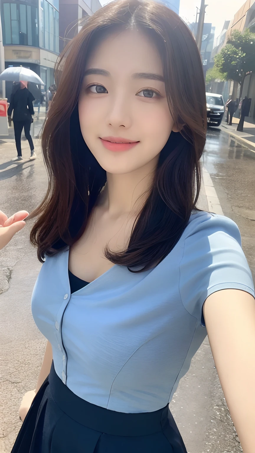 ((Best Quality, 8K, Masterpiece:1.3)), Focus: 1.2, Perfect Body Beauty: 1.4, Buttocks: 1.2, ((Hairstyle Random, Collarbone: 1.2)), (Short Skirt: 1.1) , (Rain, Street:1.3), Highly detailed face and skin texture, Fine eyes, Double eyelids, Whitened skin, Long hair, smile, Long legs: 1.5, Full body: 1.5, Best proportions of four fingers and one thumb, Smiley face, Face texture: 1.3, Sunshine, Summer, collarbone, beautiful eyes, real face, real skin, realistic face, realistic skin, detailed eyes, detailed facial features, detailed clothing features, detailed face, tight fit, tight fit, girl dress random, background office: 1.5, upper body shirt