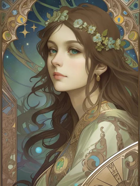 (flat color:1.1),(color:1.3),(master piece:1.2), best quality, master piece, Original, 1 very detailed wallpaper A white woman, straight brown hair, eyes in a tone between green and the brown. Thin mouth, Full body like，Blue starry sky，Tarot card layout，be...