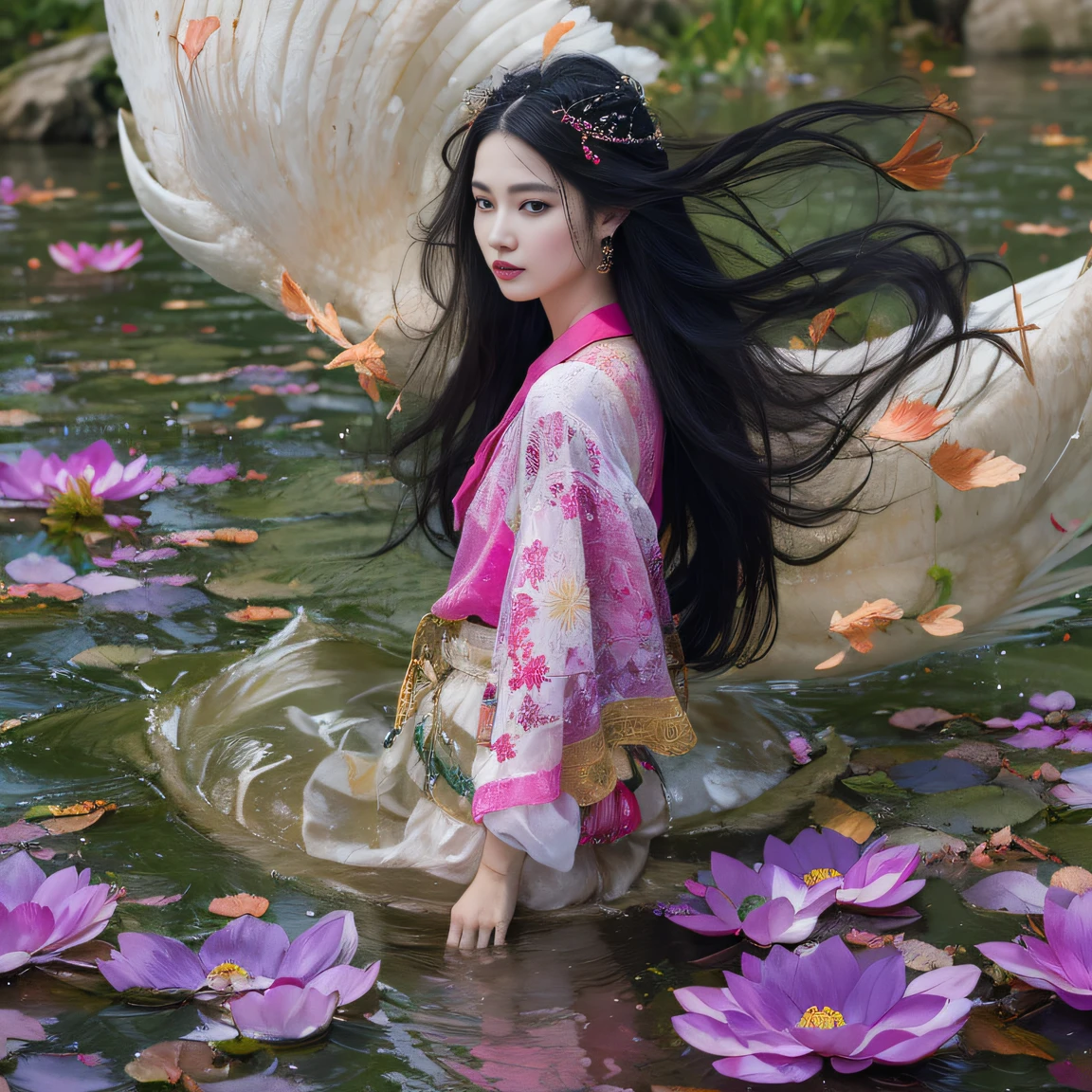 32K（傑作，キロ，ハイパーHD，32K）長く流れるような黒髪，池，咲く， 色， 澳州人 （妾の娘）， （紫色のシルクスカーフ）， 戦闘姿勢， 地面を見て， 長い白い髪， 浮かぶ髪， 鯉柄のヘッドドレス， 中国の長袖の衣服， （抽象的なガッシュスプラッシュ：1.2）， ピンクの花びらの背景，ピンクと白の蓮の花が舞う（現実的に：1.4），黒髪，落ち葉が舞い散る，背景は純粋です， 高解像度， 詳細， RAW写真， シャープ， Nikon D850 フィルムストックフォト by Jefferies Lee 4 Kodak Portra 400 カメラ F1.6ショット, 豊かな色彩, 超リアルな鮮やかな質感, ドラマチックな照明, アンリアル エンジン アート ステーション トレンド, シネスティア 800，長く流れるような黒髪，デニムスカート