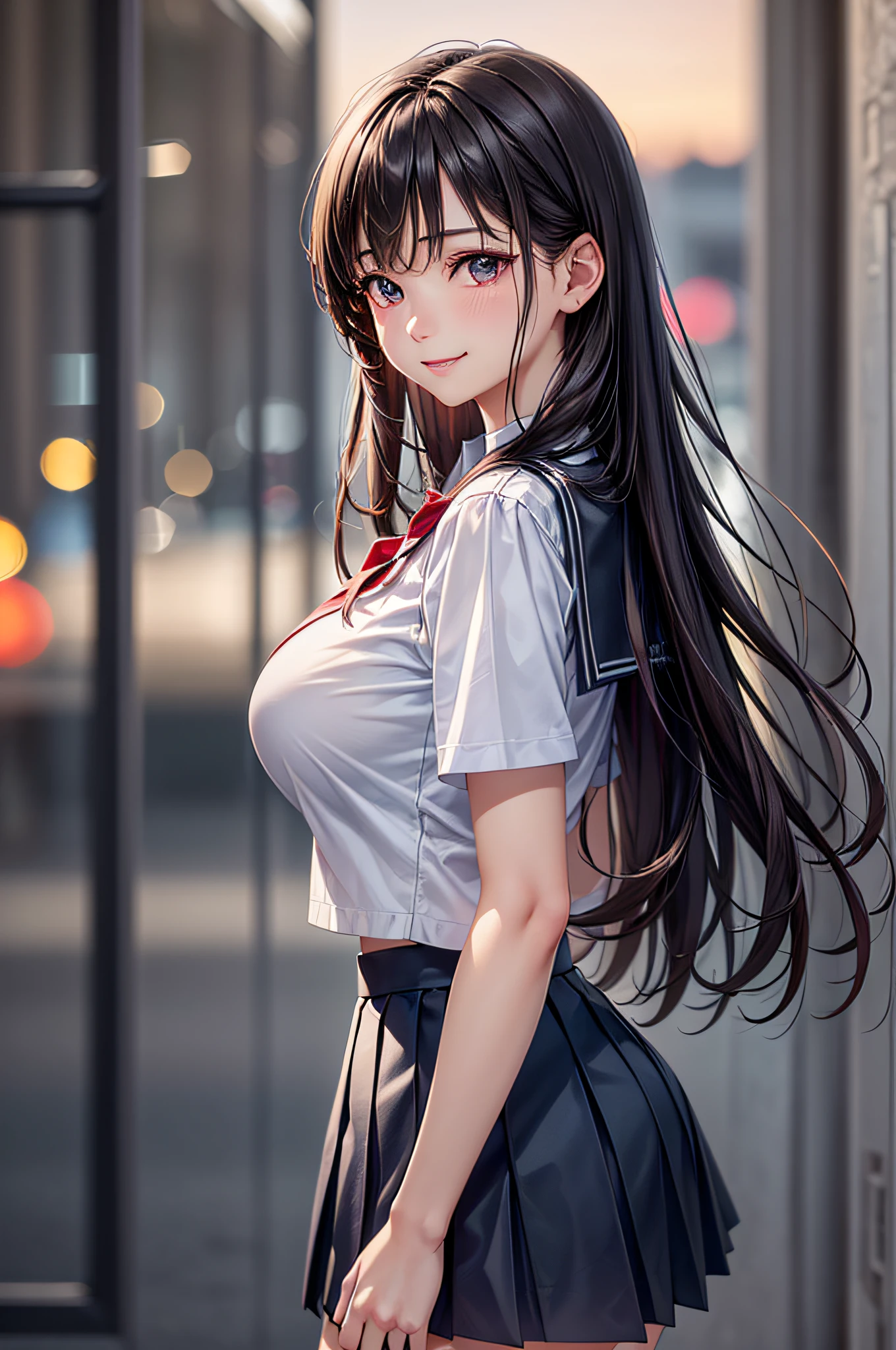 (1young girls), (highly detailed Beautiful face), Amazing face and eyes, (Best Quality:1.4), (Ultra-detailed), (extremely detailed CG unified 8k wallpaper), Highly detailed, High-definition raw color photos, Professional Photography, Realistic portrait, Amazing face and eyes, Pink eyes, (hi-school uniform, pleated mini skirt:1.3), ((hi-school uniform with open chest)), brown hair, model, smile shyly, (beautiful big breasts:1.3), (((Bokeh))), depth of fields, depth of fields, beach, twilight, sunset, (view from side:1.2),