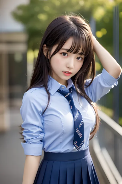 Japan girl, teenage girl, perfect figure, transparency, modest breasts, school uniform, navy blue tie, navy blue skirt, light blue shirt, gravure idol, waterside