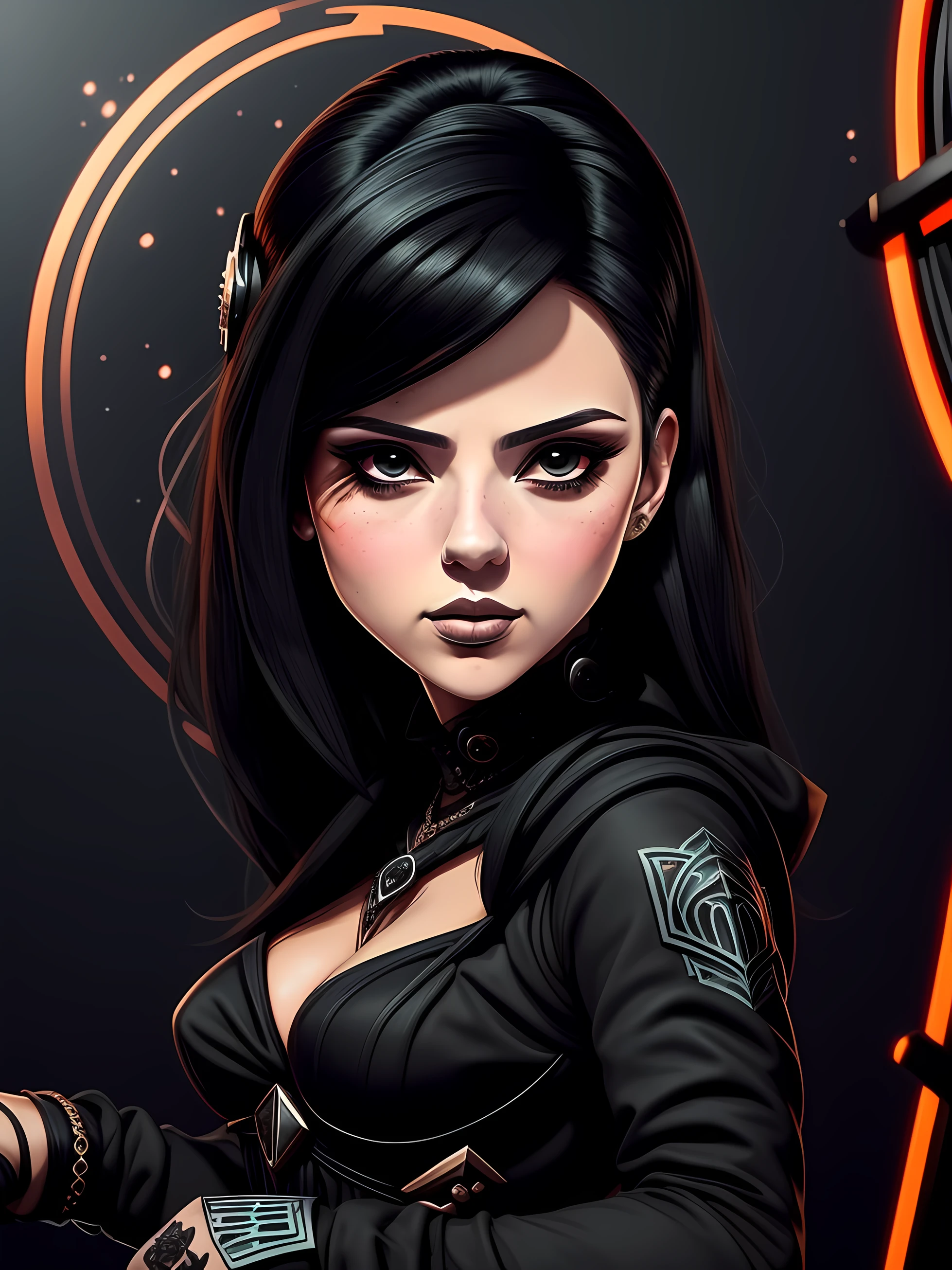 Portrait of an attractive beautiful woman with black hair with gothic costume, inspirada em "Scarlett Johansson"(altamente detalhado: 1.2), Hyper-detailed eyes and use of high-tech sunglasses with holographic display 1.2)