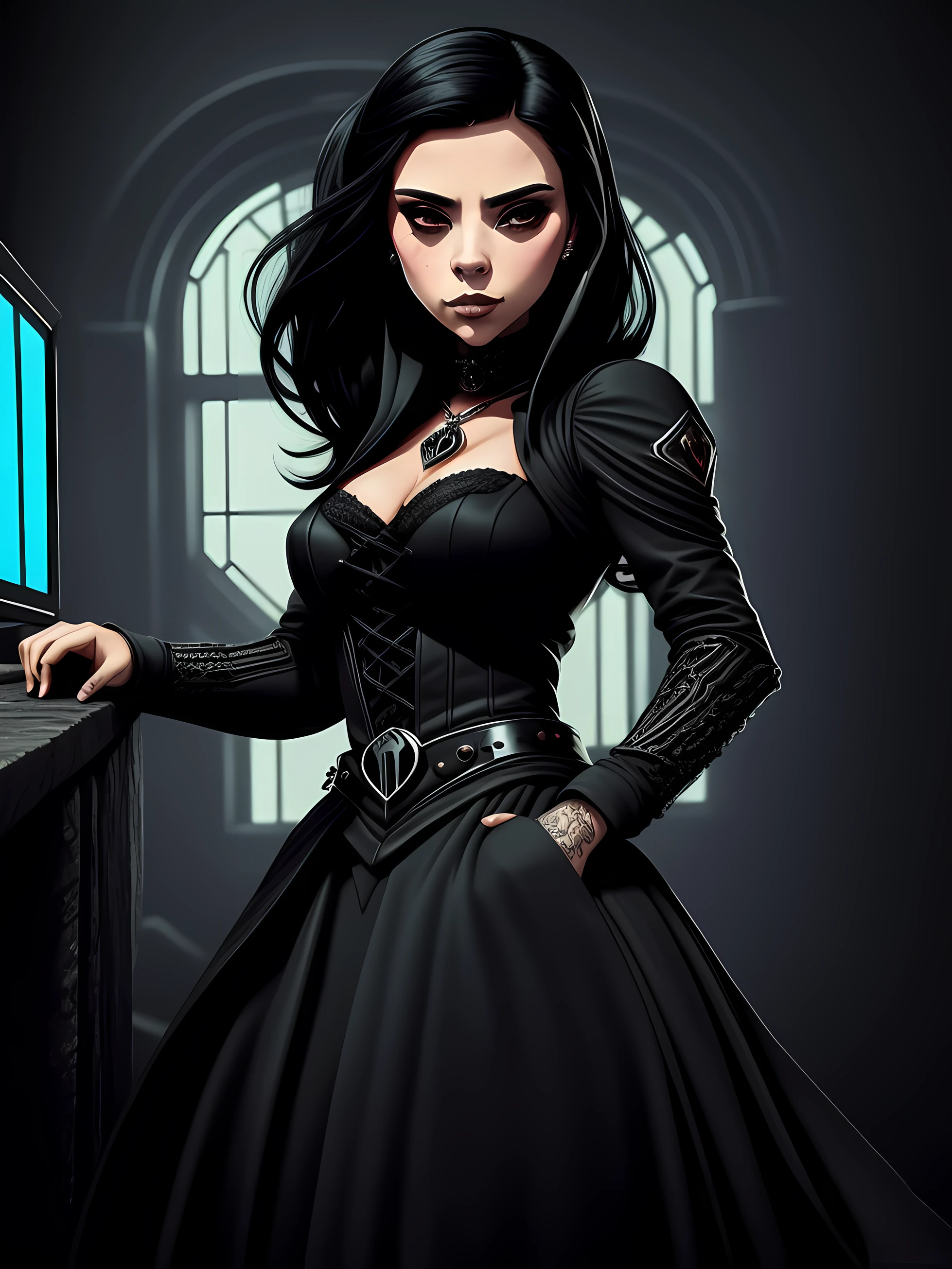 Portrait of an attractive beautiful woman with black hair with gothic costume, inspirada em "Scarlett Johansson"(altamente detalhado: 1.2), Hyper-detailed eyes and use of high-tech sunglasses with holographic display 1.2)