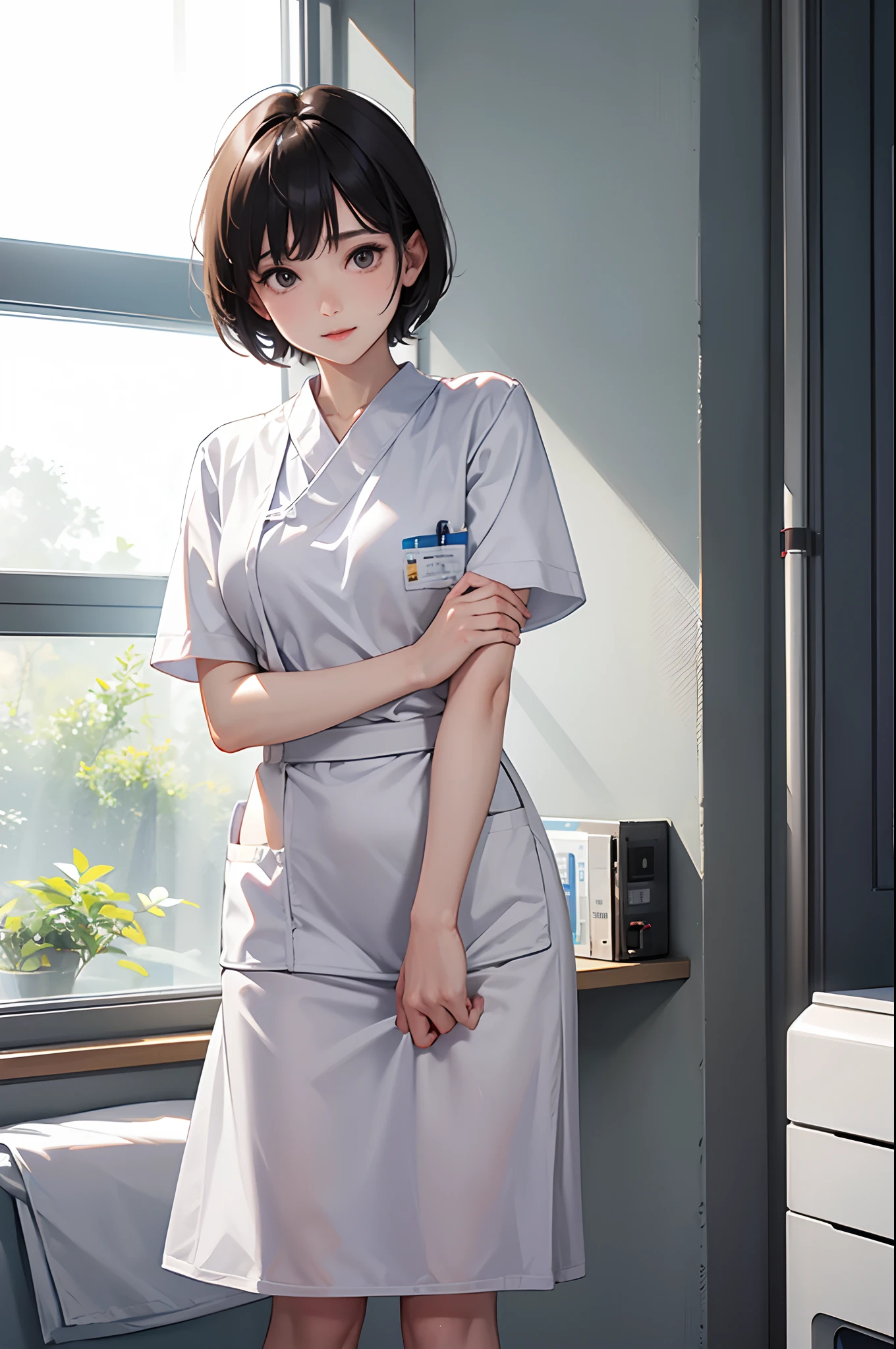 hospitals、nurse、short-cut、summer clothing、Backlight illumination、Whole whitish、Looking at the camera