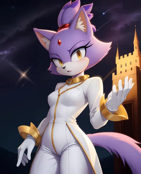 masterpiece, best quality, highres, Blaze The Cat,  1girl, gold necklace, white jumpsuit, animal_ears, closed_mouth, red forehead_jewel, fur-trimmed_gloves, fur_trim, furry, furry_female, gloves, long_sleeves, purple_coat, purple_hair, solo, standing, tied...