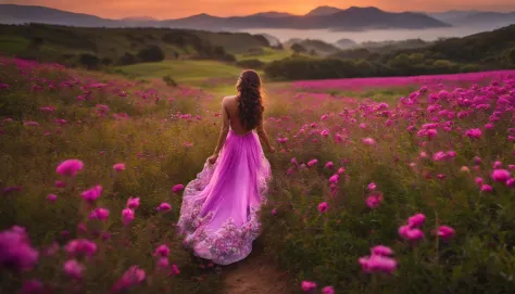 menina cabelo comprido, saia branca longa, manta floral em um campo de flores de Lwender, tons roxo-rosa, sol quente.