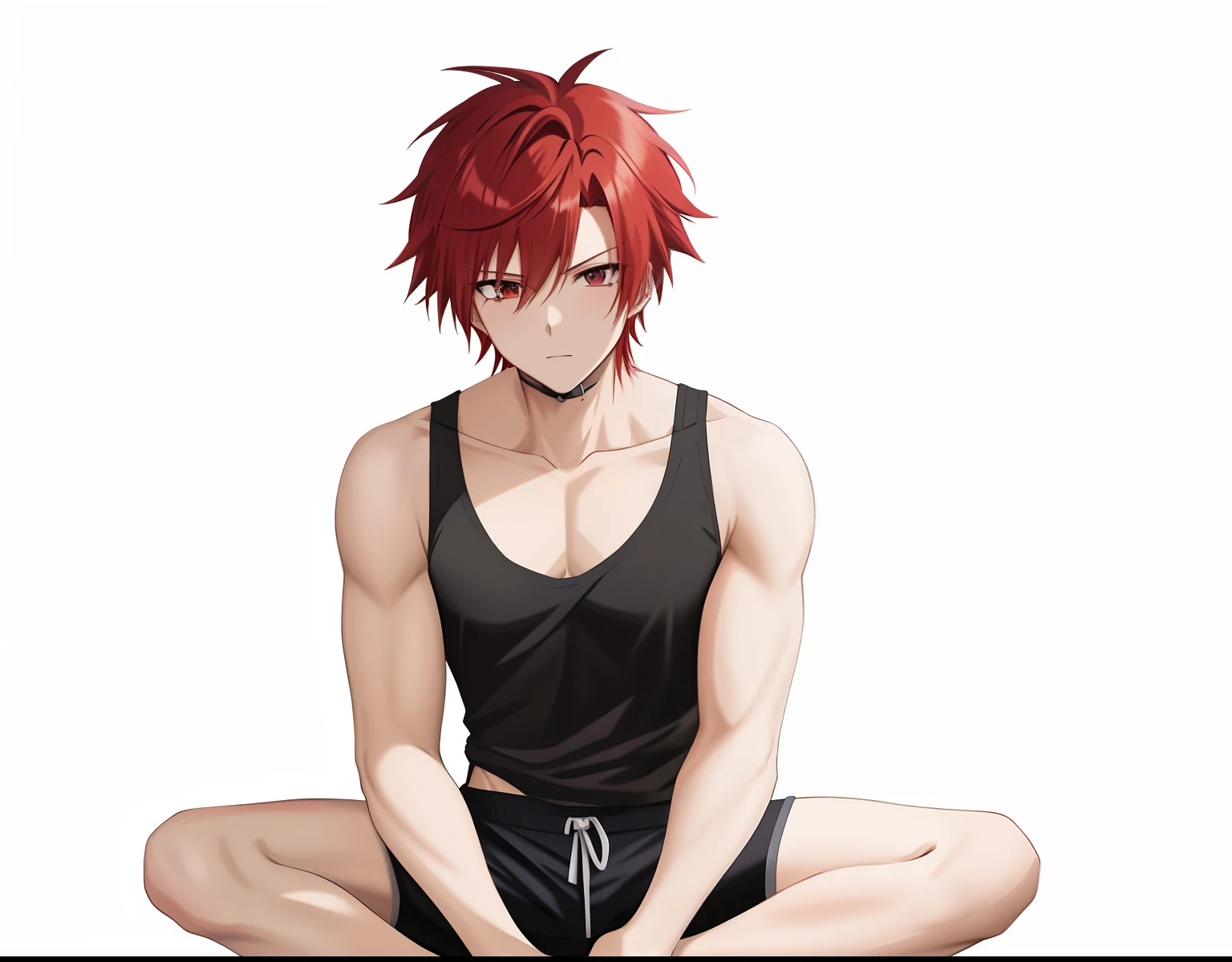 Anime guy with red hair sitting on the floor with his hands crossed -  SeaArt AI