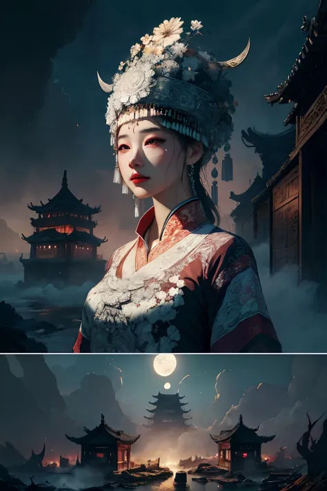 dreamlikeart absurdres highres masterpiece best quality, Scenery of ancient Chinese cities, An ancient Chinese town below the castle, Highly detailed town , (Mysterious black fog), (Dilapidated), Absurdity, Realistic lighting, (Abyss) Masterpiece, High qua...