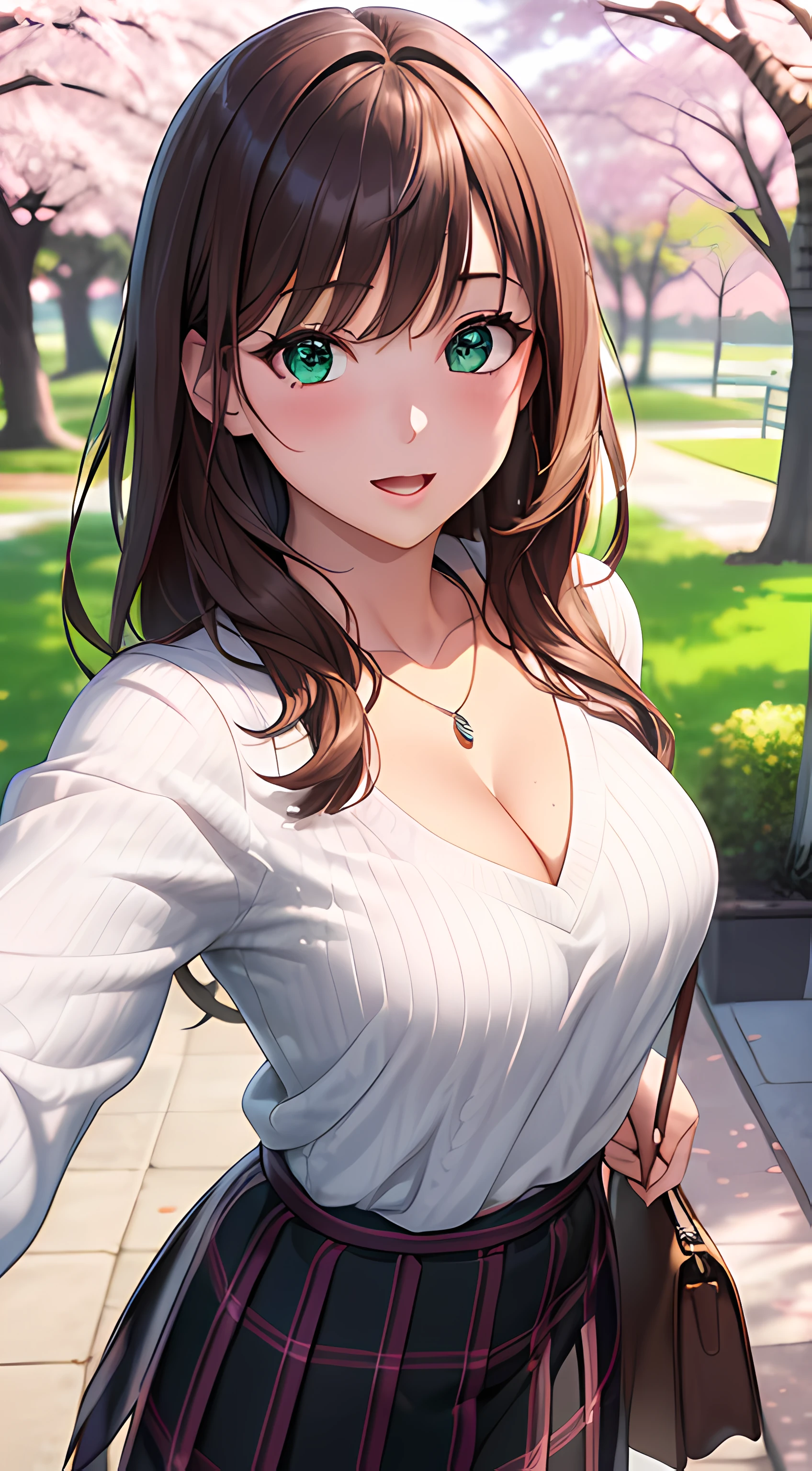 ((masterpiece, best quality, highres, UHD, perfect pixel, depth of field, 4k, RTX, HDR))), 1girl, single, solo, beautiful anime girl, beautiful artstyle, anime character, ((long hair, bangs, brown hair)), ((green eyes:1.4, rounded eyes, beautiful eyelashes, realistic eyes)), ((detailed face, blushing:1.2)), ((smooth texture:0.75, realistic texture:0.65, photorealistic:1.1, anime CG style)), ((medium breasts, cleavage, busty)), dynamic angle, perfect body, ((POV, selfie pose, portrait)), ((white sweater, long sleeve, black skirt, plaid skirt, fashionable, 1handbag, 1diamond necklace)), smile, open mouth, amusement park, ((cherry blossom tree, cherry blossoms fall))
