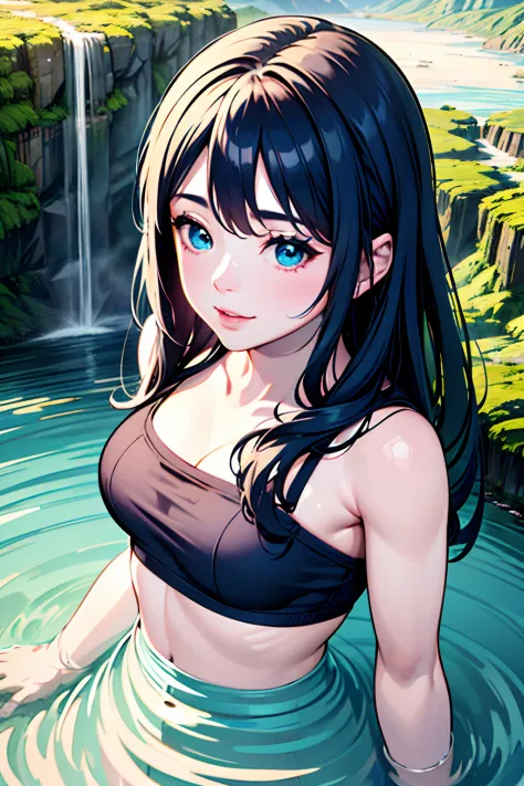A very beautiful happy girl bathing near a clear and cool waterfall Pink skin Blue eyes Dark hair Detailed face Detailed body Re...