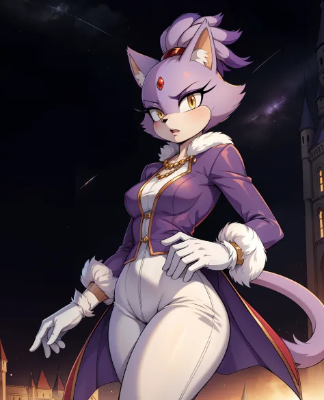 masterpiece, best quality, highres, Blaze The Cat,  1girl, gold necklace, white jumpsuit, animal_ears, closed_mouth, red forehead_jewel, fur-trimmed_gloves, fur_trim, furry, furry_female, gloves, long_sleeves, purple_coat, purple_hair, solo, standing, tied...