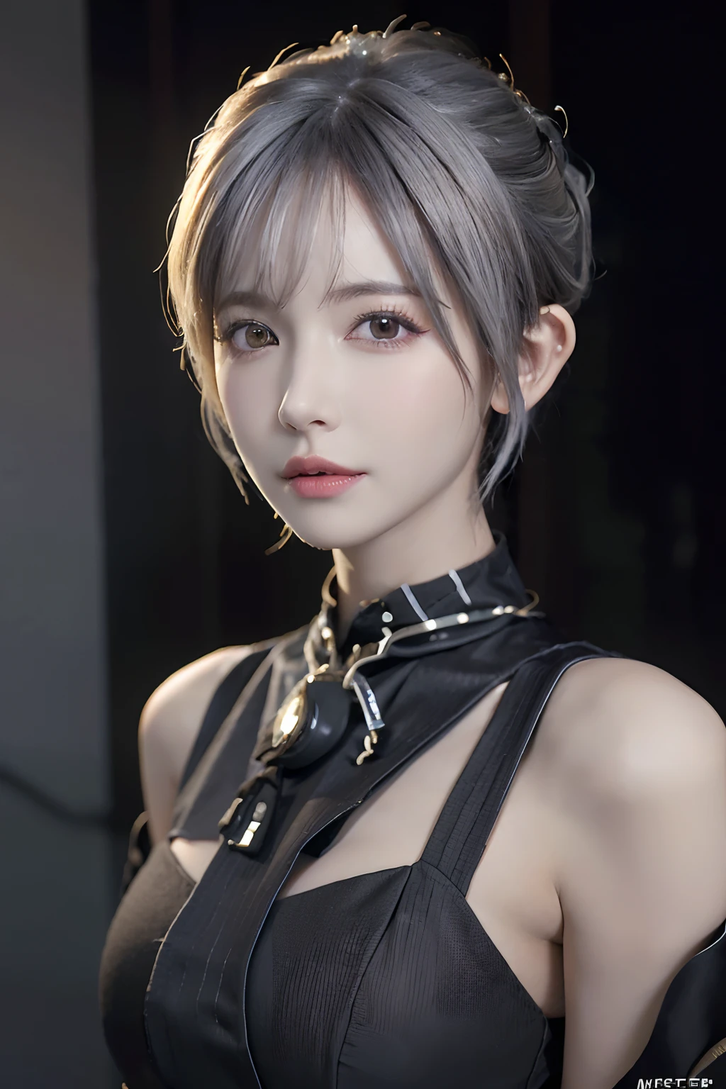 (masuter piece:1.3)、(8K、Photorealsitic、Raw photography、top-quality: 1.4)、(1girl in)、beautiful countenance、(Lifelike face)、(white  hair、a pixie cut:1.3)、Beautiful hairstyle、realisticeyes、Beautiful details、（real looking skin）、Beautiful skins、（High neck knit）、absurderes、enticing、超A high resolution、A hyper-realistic、high-detail、the golden ratio、Night view