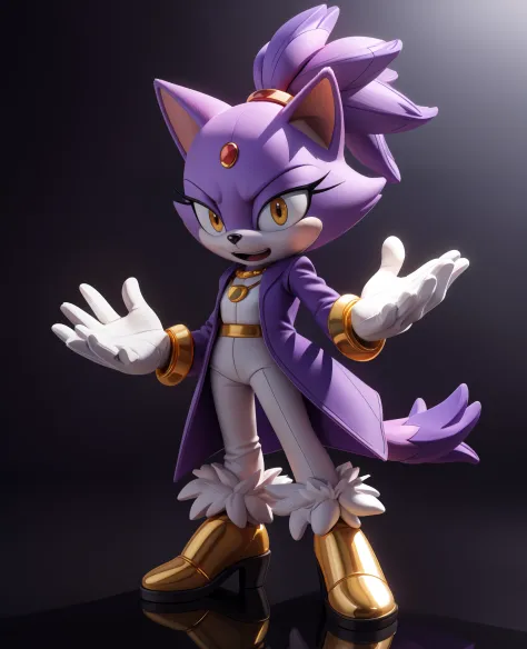 masterpiece, best quality, big hands, Blaze The Cat,  1girl, gold necklace, white jumpsuit, animal_ears, closed_mouth, red forehead_jewel, fur-trimmed_gloves, fur_trim, furry, furry_female, gloves, long_sleeves, purple_coat, purple_hair, solo, standing, ti...