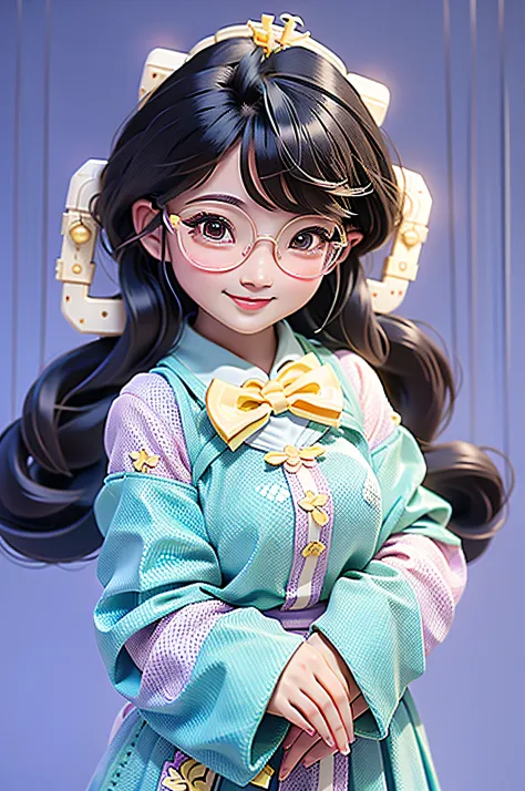 Loli cute chinese girl, updo hair, loose hair, modern accessories , Eyeglasses, detailed eyes, detailed smile, detailed details,...