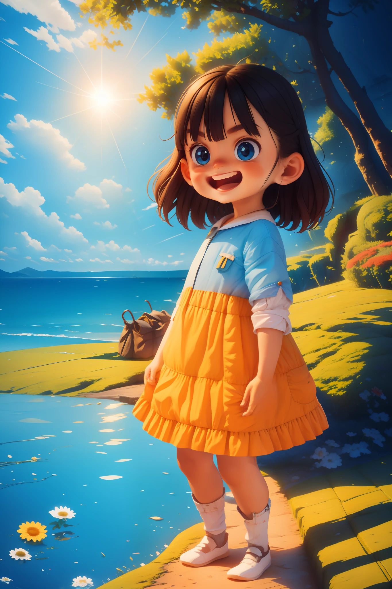 tmasterpiece， High quality, the best quality，1girll， By bangs， sea beach， blue_sky， Be red in the face， Bow knot，pane， The shirt， a skirt， Skysky， ssmile， rays of sunshine， The tree