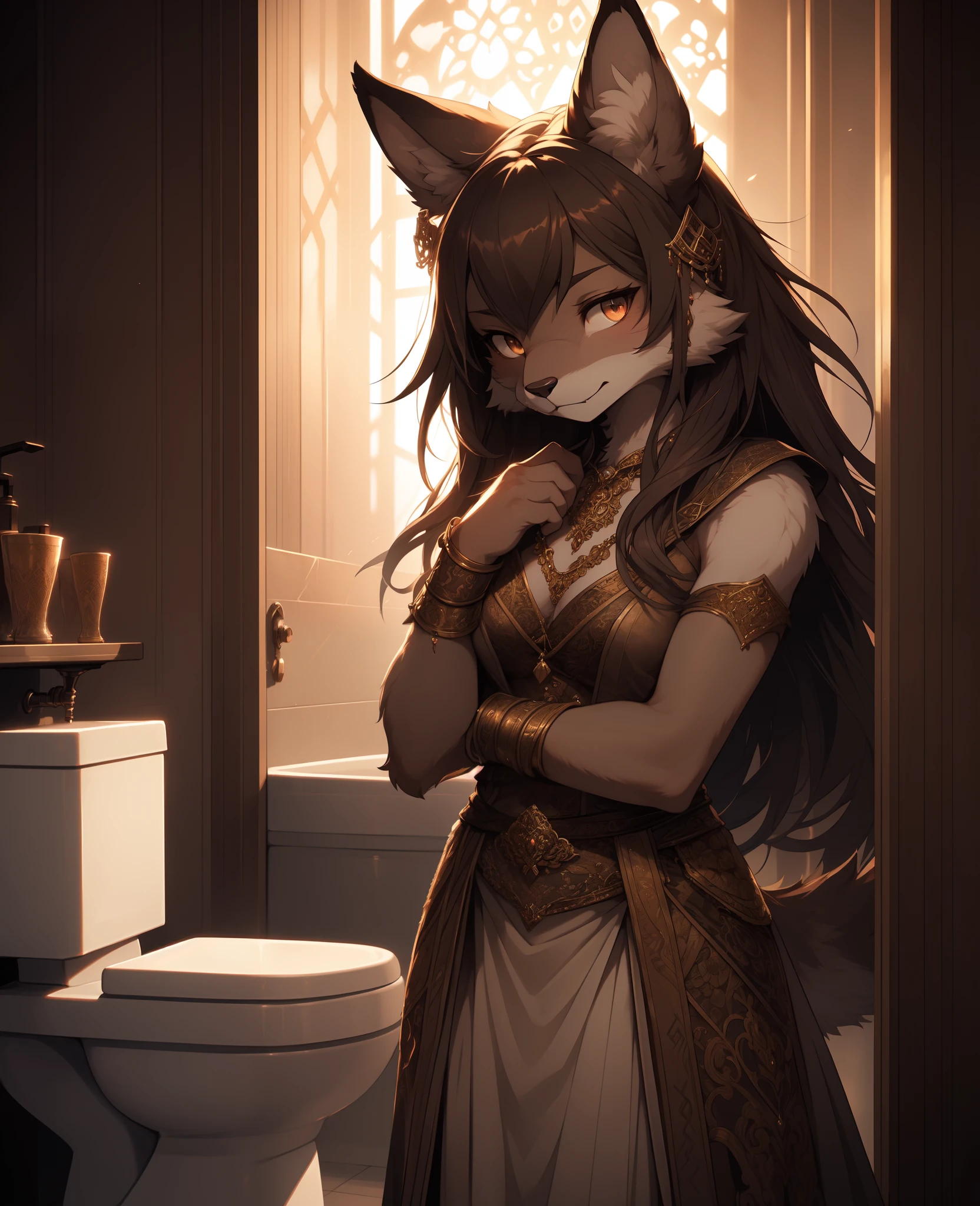 closeup, (cute female (furry, detailed fur), by personalami, stand in toilet, pose, in light room, medium chest), seductive smirk, shy, embarashed, red sheeks , HDR, (intricate details), (intricate details, hyperdetailed), (dark shot:1.17), epic realistic, faded, ((neutral colors)), art, (hdr:1.5), (muted colors:1.2), hyperdetailed, (artstation:1.5), cinematic, warm lights, dramatic light, (intricate details:1.1), complex background, (rutkowski:0.8),