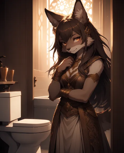 closeup, (cute female (furry, detailed fur), by personalami, stand in toilet, pose, in light room, medium chest), seductive smir...