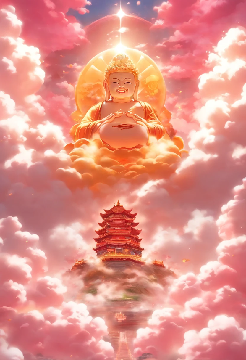 ((masutepiece))，(Best quality))，China style，Clear facial expressions，In the sky, The clouds form a huge transparent shiny white jade Maitreya Buddha statue，Thick clouds，and the sun was shining brightly，Pilgrims on the road，Hyper-realistic，Ultra photo realsisim，Pink，8K，High definition，high qulity，Works of masters，super-fine，（（（OC renderer）））