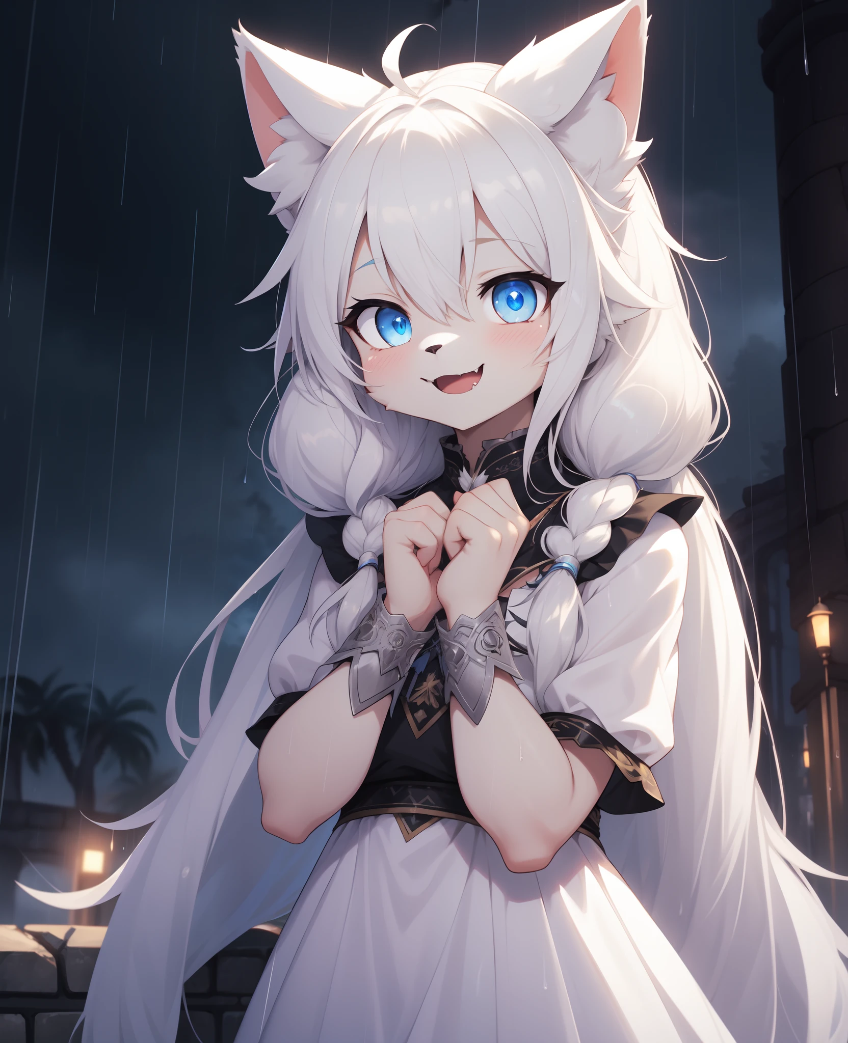 Cat Girl，was hairy，shaggy，Skin fur，White fur，Forelimb hands，hair splayed out，White ears，White face fur，White hair, hair splayed out, Shiny hair，Long hair，Hairline, low twintails，blue eyes，Super cute face，happy, full-face blush, smiley，Empty eyes， Fangs，daggers，bat hair ornament，White dress，Ambient light，Ultra-fine fur，Volumetric eye, bangs, light and darkcontrast, ultra high def, Masterpiece, Super detail，Ruins background，crow，Night，starry light，Under the rain，In the rain，Drizzle，Wet with rain，rainy outside，High quality, ultra high def, high resolution, Anatomically correct