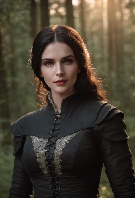 (best quality,4k,8k,highres,masterpiece:1.2),ultra-detailed,(realistic,photorealistic,photo-realistic:1.37),The Witcher: Yennefer of Vengerberg:1.3, upper body, (Black forest background:1.3), (night:1.3), backlight, Game "The Witcher 3" background, UHD wal...