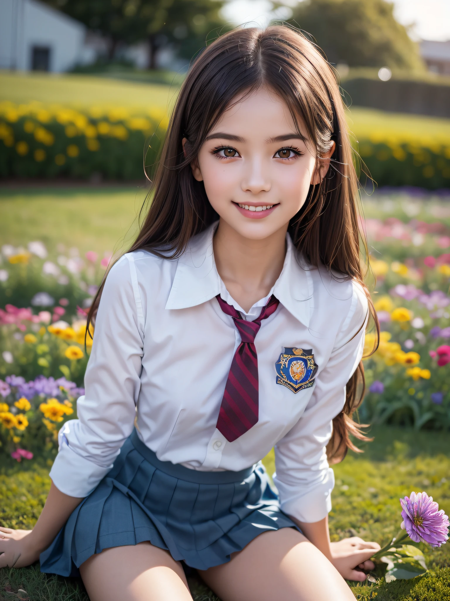 (1young girls), brown hair, (highly detailed Beautiful face), Amazing face and eyes, (Best Quality:1.4), (Ultra-detailed), (extremely detailed CG unified 8k wallpaper), Highly detailed, High-definition raw color photos, Professional Photography, Realistic portrait, Amazing face and eyes, Pink eyes, (hi-school uniform, pleated mini skirt:1.3), ((hi-school uniform with open chest)), model, smile shyly, sitting, (open your legs), (((Bokeh))), depth of fields, depth of fields, ((meadow, flower garden)), (Surrounded by many flowers, flowers:1.5), twilight, sunset, (view from below:1.3),