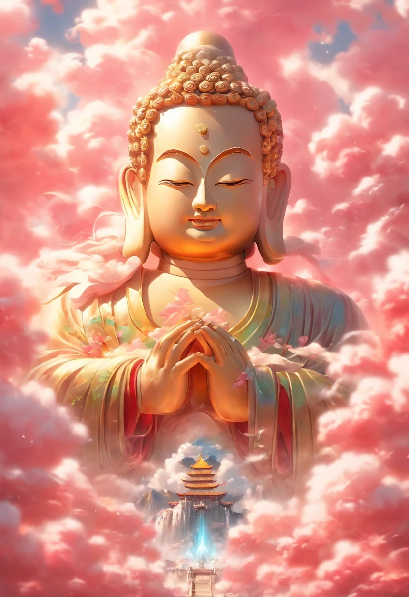 ((masutepiece))，(Best quality))，China style，In the sky, The clouds form a huge transparent shiny white jade Maitreya Buddha statue，Thick clouds，and the sun was shining brightly，Pilgrims on the road，Hyper-realistic，Ultra photo realsisim，Pink，8K，High definition，high qulity，Works of masters，super-fine，（（（OC renderer）））