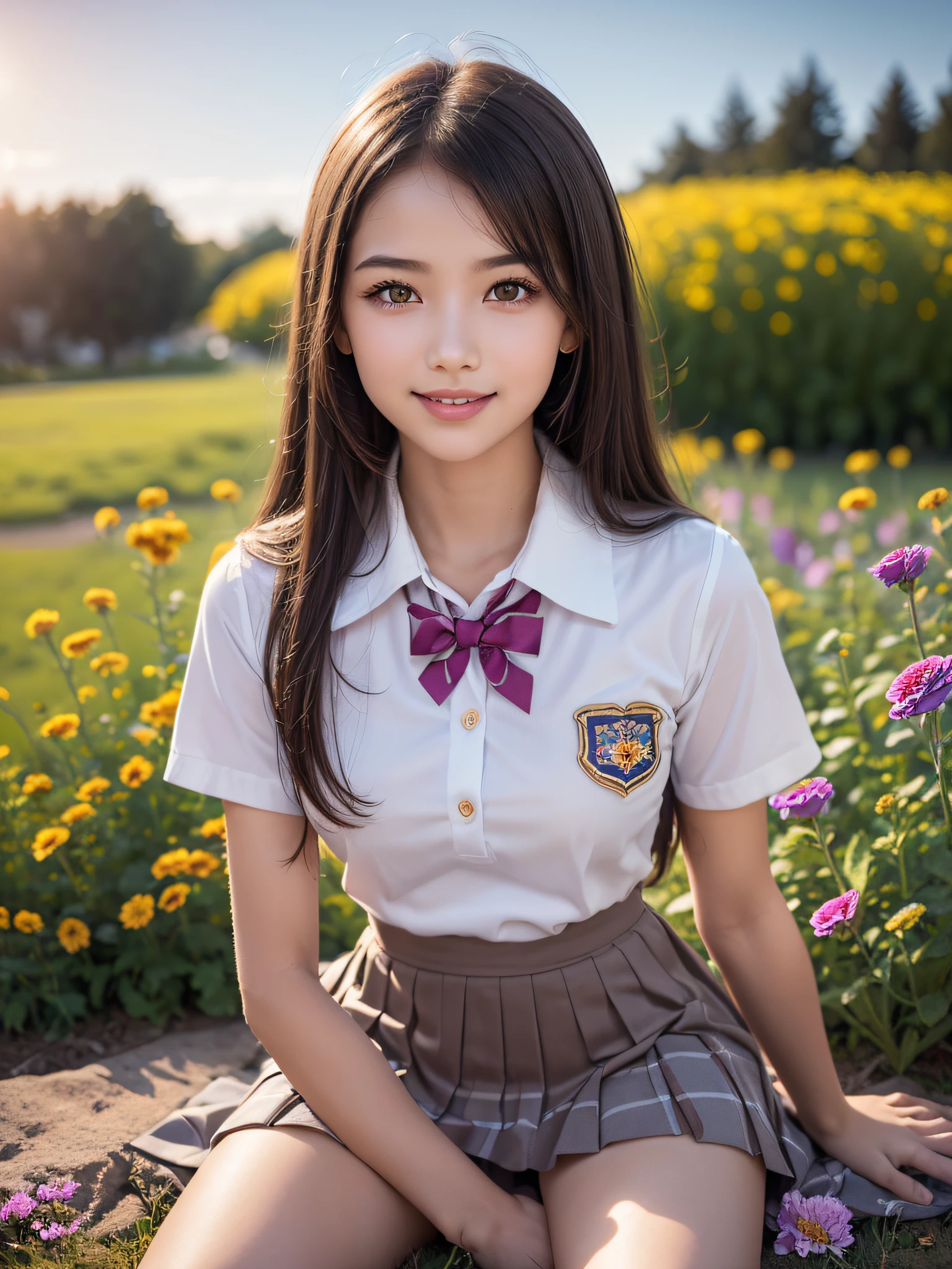 (1young girls), brown hair, (highly detailed Beautiful face), Amazing face and eyes, (Best Quality:1.4), (Ultra-detailed), (extremely detailed CG unified 8k wallpaper), Highly detailed, High-definition raw color photos, Professional Photography, Realistic portrait, Amazing face and eyes, Pink eyes, (hi-school uniform, pleated mini skirt:1.3), ((hi-school uniform with open chest)), model, smile shyly, sitting, (open your legs), (((Bokeh))), depth of fields, depth of fields, ((meadow, flower garden)), (Surrounded by many flowers, flowers:1.5), twilight, sunset, (view from below:1.3),