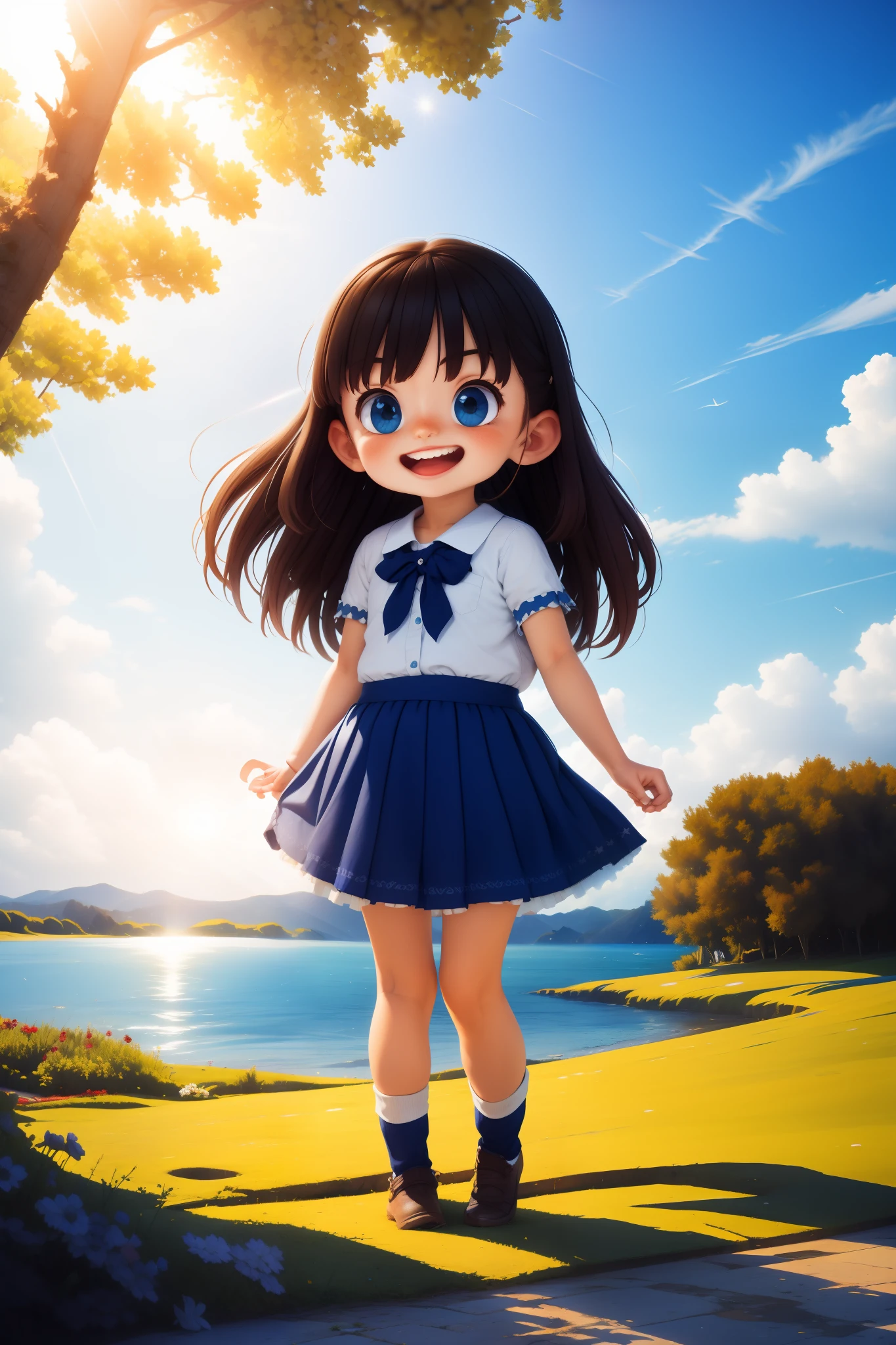 tmasterpiece， High quality, The best quality，1girll， By bangs， sea beach， Blue_sky， Bow knot，pane， The shirt， a skirt， Skysky， ssmile， rays of sunshine， The tree