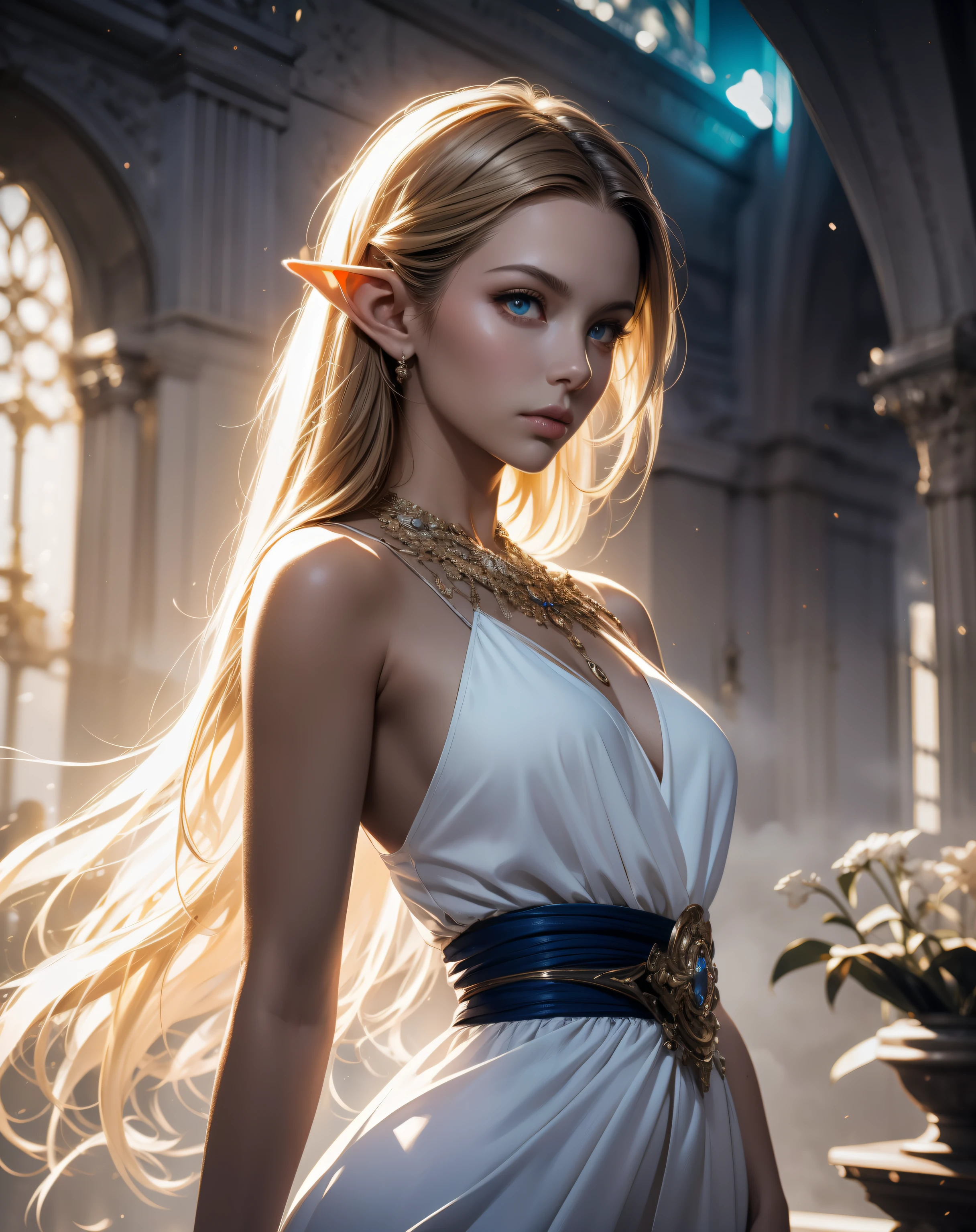 waist shot of a female elf, intricate, slender face, elegant, wearing sapphire necklace, white light dress with straps, facing camera, highly detailed, digital painting, artstation, concept art, smooth, sharp focus, illustration, art by artgerm and greg rutkowski and alphonse mucha, 8k, volumetric fog, bloom, light rays, lumen, cranked bokeh