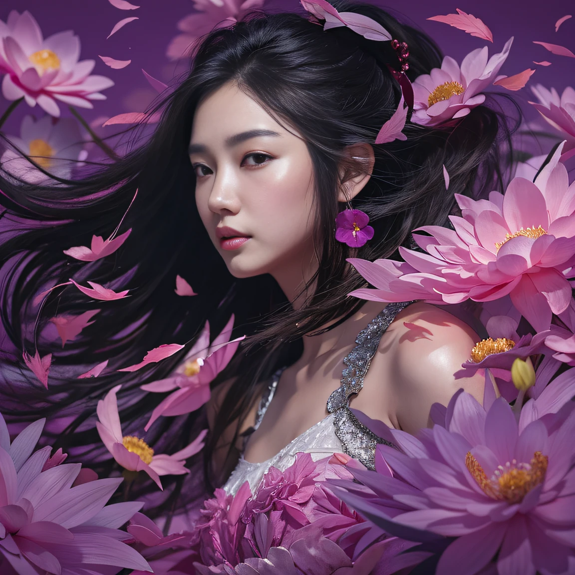 32K（tmasterpiece，k hd，hyper HD，32K）Long flowing black hair，ponds，zydink， a color， Aozhou people （Concubine girl）， （Purple silk scarf）， Combat posture， looking at the ground， long whitr hair， Floating hair， Carp pattern headdress， Chinese long-sleeved clothing， （Abstract gouache splash：1.2）， Pink petal background，Pink and white lotus flowers fly（realisticlying：1.4），Black color hair，Fallen leaves flutter，The background is pure， A high resolution， the detail， RAW photogr， Sharp Re， Nikon D850 Film Stock Photo by Jefferies Lee 4 Kodak Portra 400 Camera F1.6 shots, Rich colors, ultra-realistic vivid textures, Dramatic lighting, Unreal Engine Art Station Trend, cinestir 800，Long flowing black hair，Denim skirt