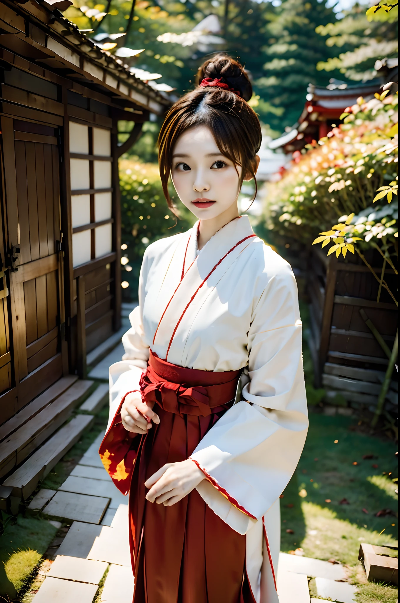 桌上, 最好的品質,完美的解剖學,一位日本女士,獨奏,棕色髮髻髮髻,白色和紅色褲裙,神社的少女,白色夾克　也紅色,在神社用竹掃帚清理枯葉,
