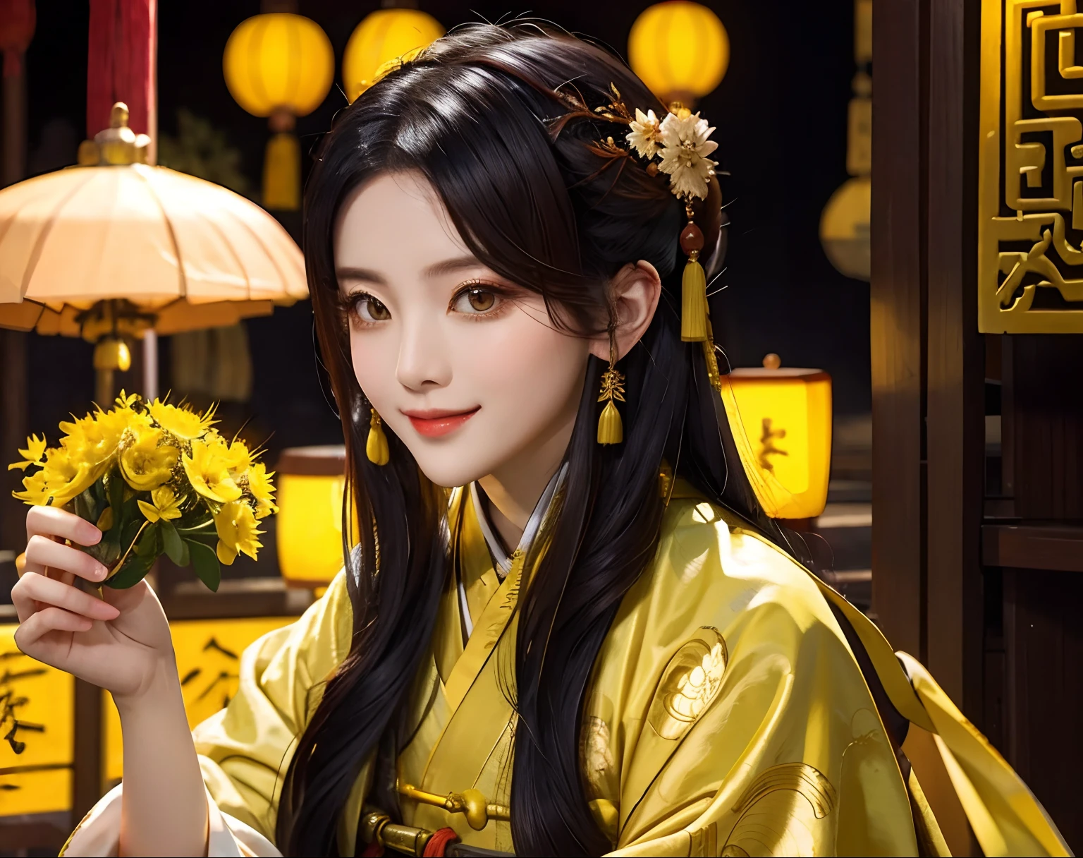 tmasterpiece，Need，the night，exteriors，China-style，Ancient China，A woman who is，Yellow antique Hanfu，ssmile，effeminate，By bangs