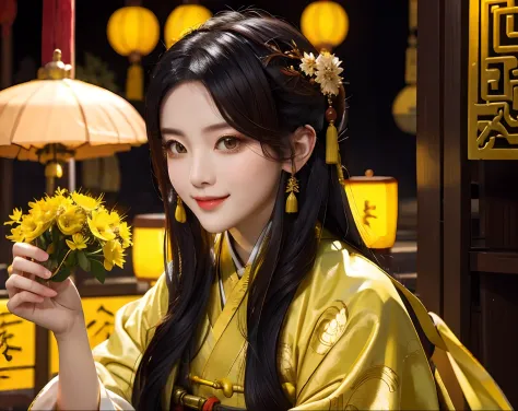 tmasterpiece，need，the night，exteriors，china-style，ancient china，a woman who is，yellow antique hanfu，ssmile，effeminate，by bangs