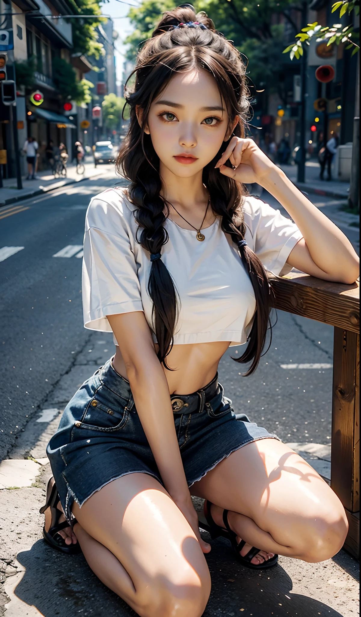 the city street，teens girl，(Double twist braid)，short  skirt，Crop tops，(High-soled sandals)，Jade foot manicure，Normal posture，depth of fields， A high resolution， ultra - detailed， filigree， RAWE is very detailed， very detailed eyes and faces， Sharp pupils， realistic pupil， tack sharp focus， cinmatic lighting，full bodyesbian，Bigboobs，long leges，From the front side，banquet，dynamicposes，Normal posture，closeup of face