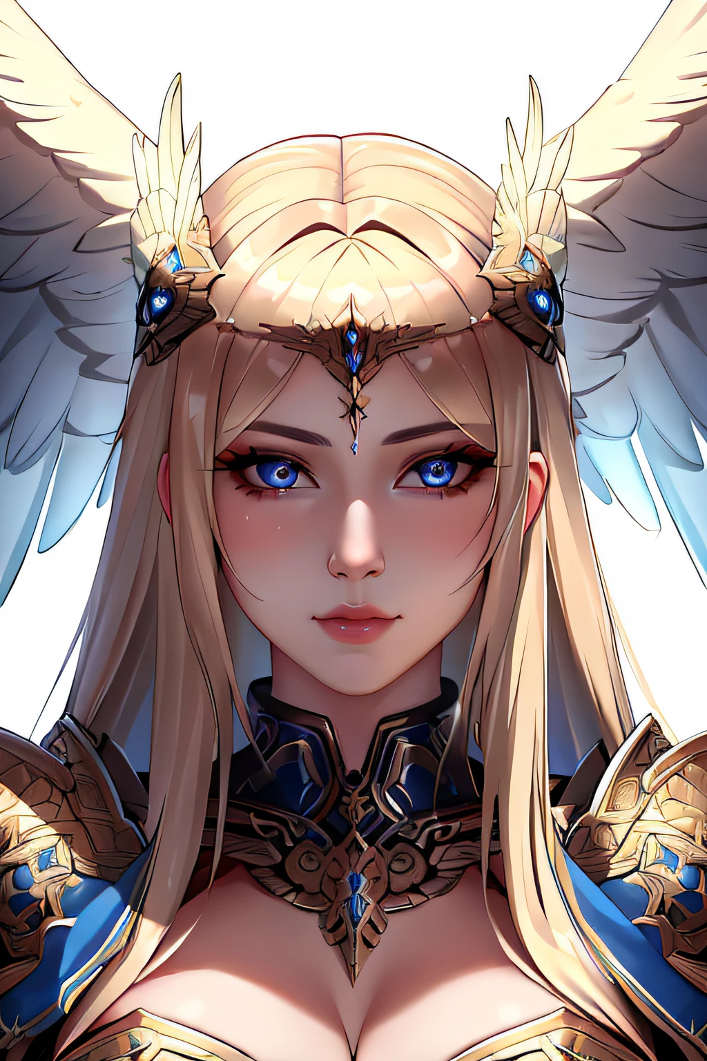 (masterpiece:1.1), (best quality:1.1), (detailed face and eyes:1.1), woman, blonde hair, blue eyes, valkyrie, valkyrie armor, angel wings, [portrait|full body|portrait], mature, BREAK (intricate details, detailed hair, realistic, sharp focus: 1.0), perfect face, perfect eyes,