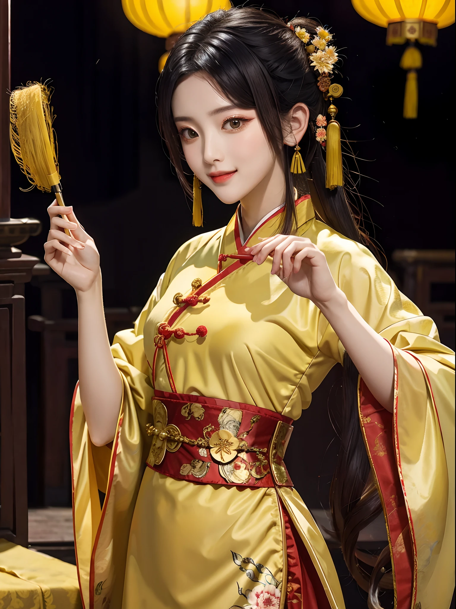 obra-prima，Precisar，a noite，exteriores，Estilo chinês，China antiga，Uma mulher que é，Hanfu antigo amarelo，sorria，efeminado，Por franja