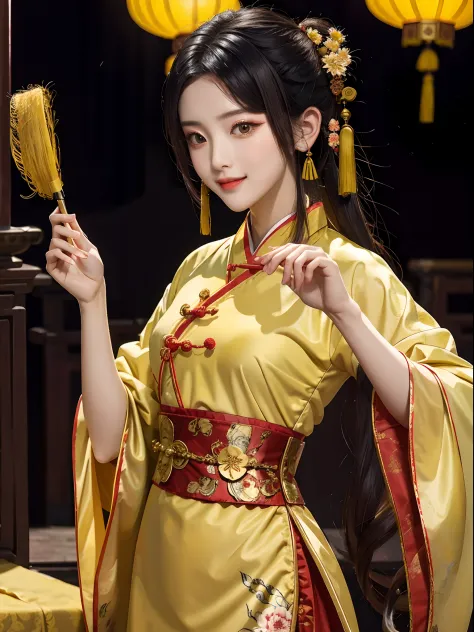 tmasterpiece，Need，the night，exteriors，China-style，Ancient China，A woman who is，Yellow antique Hanfu，ssmile，effeminate，By bangs