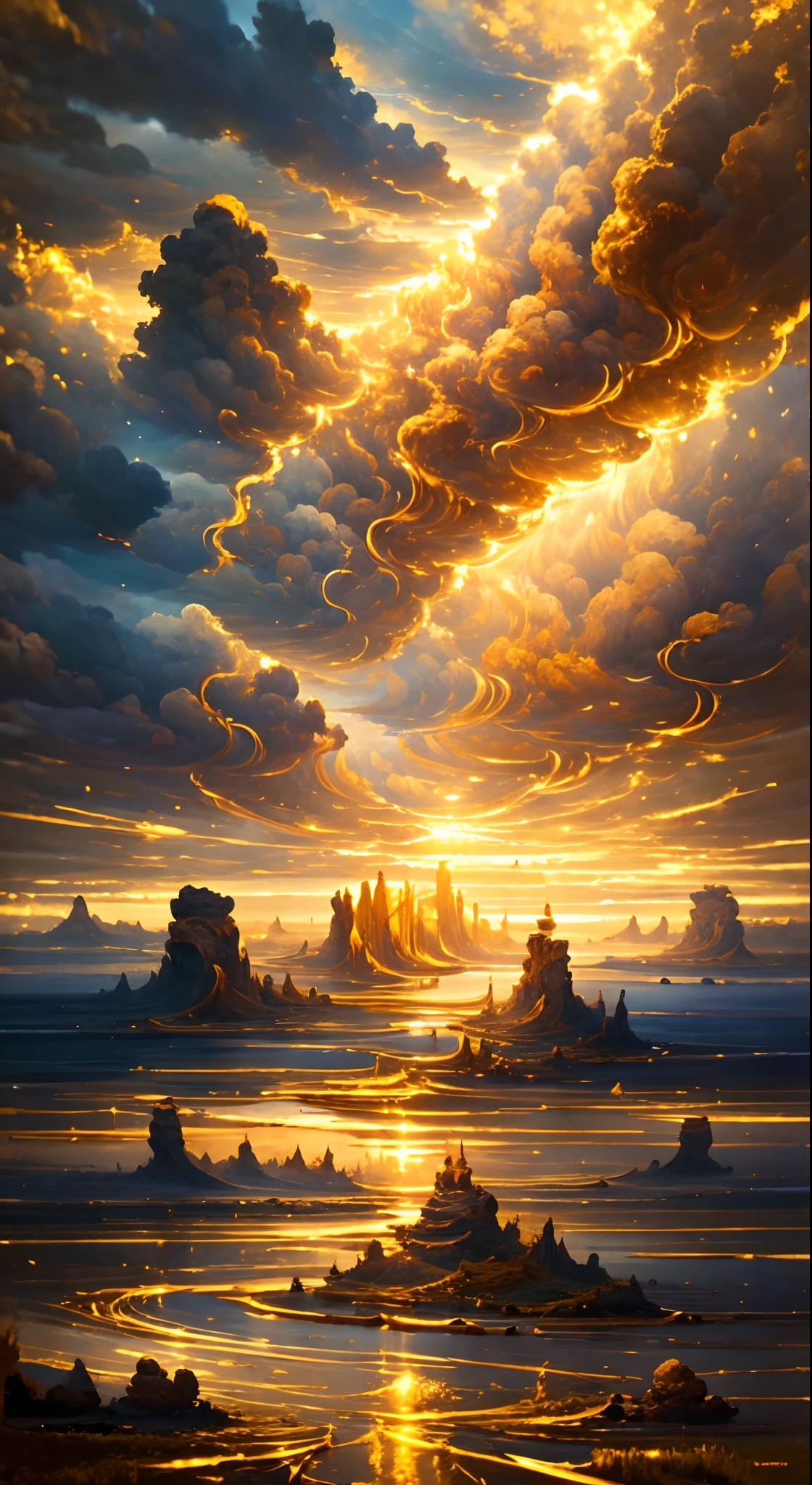 high high quality， Clouds， Golden clouds， epic landscapes， Ray traching， 8K， tmasterpiece，Colorful，Vivid colors