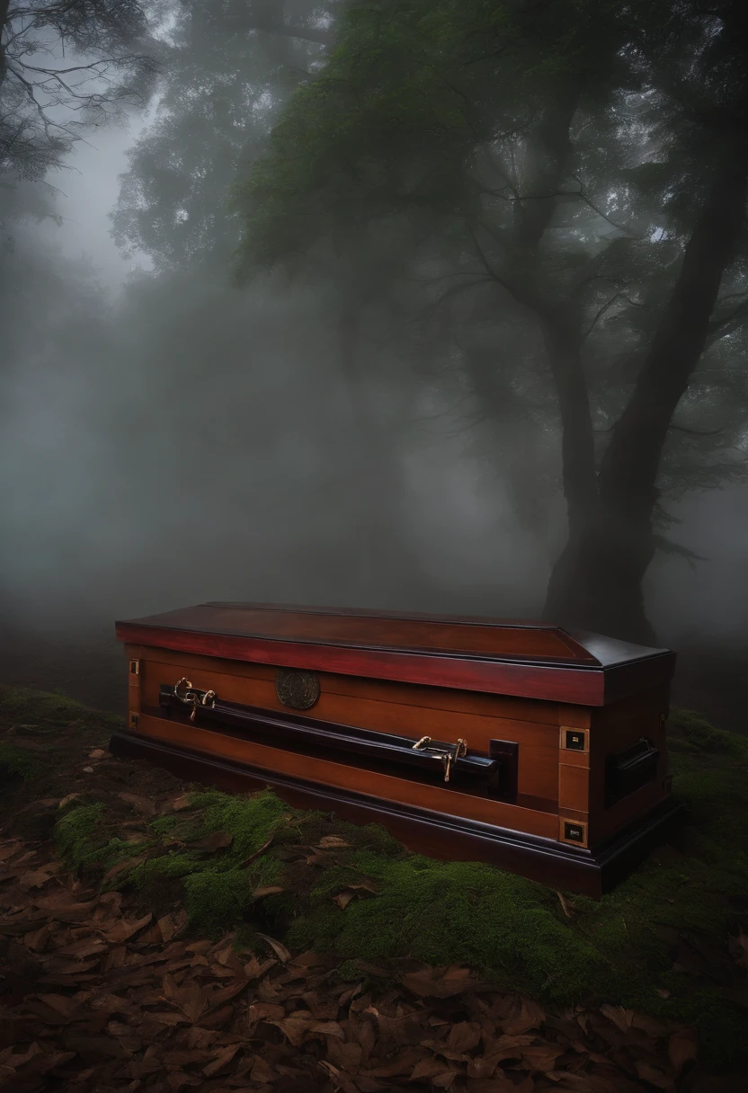 A close up of a casket in the middle of a forest - SeaArt AI