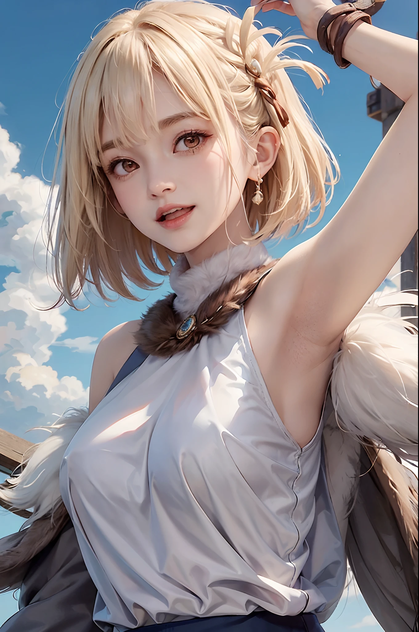 fur trim, fur-trimmed jacket, armpits, 1girl, cloud, sky, fur collar, blue sky, breasts, open mouth, solo, smile, bird, feather boa, hair ornament, blonde hair, day, sleeveless shirt, looking at viewer, fur-trimmed coat, sleeveless, arm up, jacket, brown eyes, outdoors, cloudy sky, fur-trimmed hood, shirt, fur scarf, fur-trimmed sleeves, fur coat, bare shoulders, upper body, :d, blush, medium breasts, bangs, fur-trimmed gloves