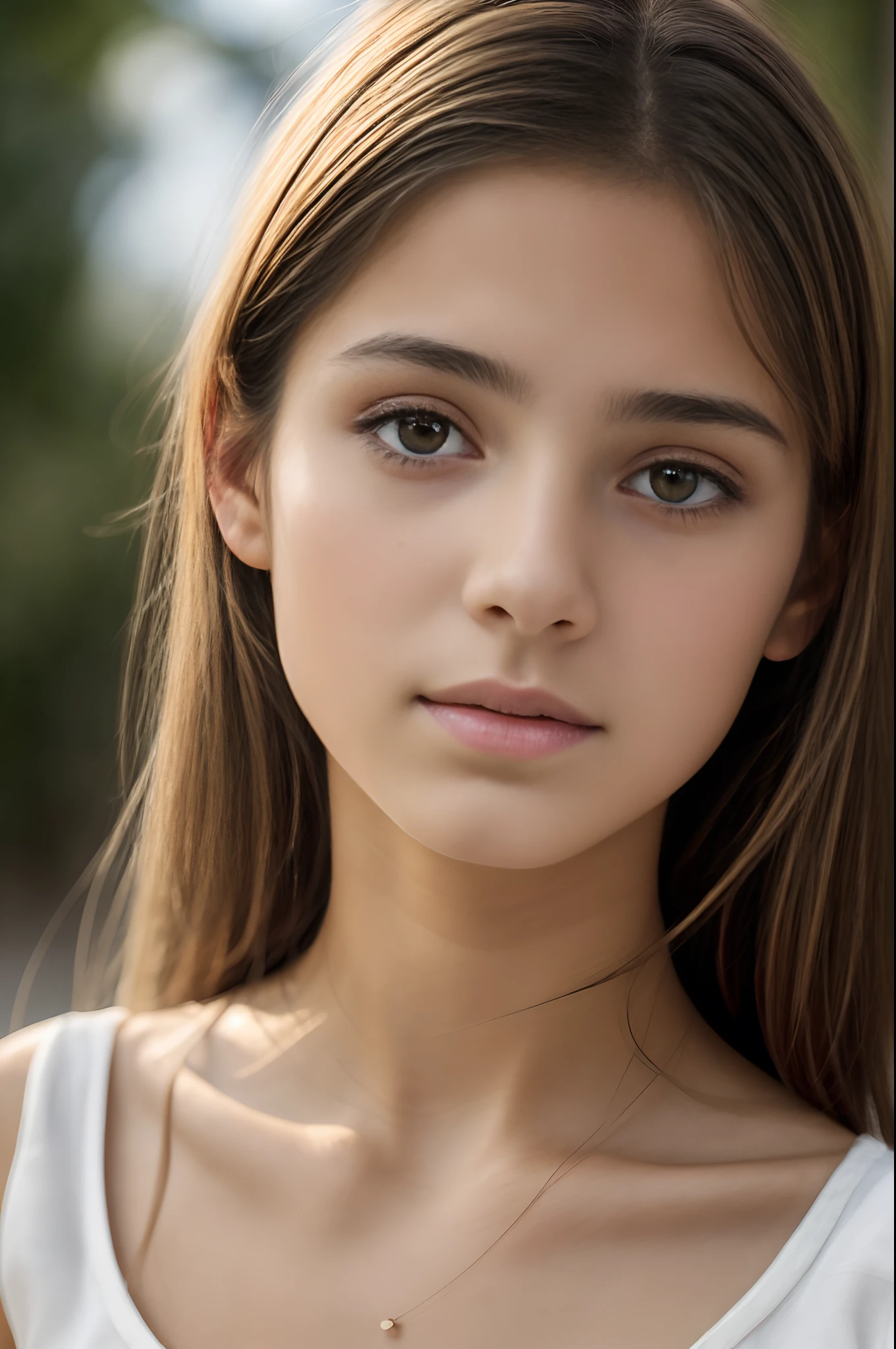 A close up of a young woman with long hair and a necklace - SeaArt AI