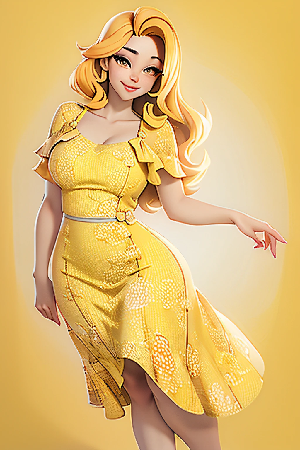 Eine schöne Frau Mitte zwanzig, Ihre Kurven werden durch ein leuchtend gelbes Sommerkleid betont, Ihre Augen fesseln mit einem Hauch von Verlockung, ihre Lippen verzogen sich zu einem betörenden Lächeln.