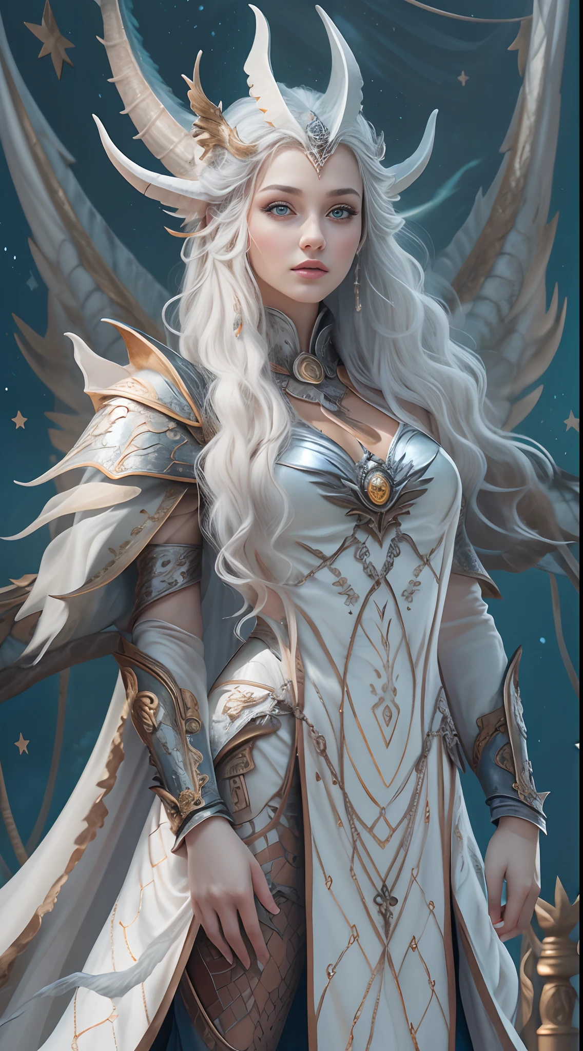 unreal engine:1.4,UHD,The best quality:1.4, photorealistic:1.4, skin texture:1.4, Masterpiece:1.8,White Dragon Queen, young and mature woman, Long elf ears, elegant dress, big chest, curve, Dragon Ling Vawy Hair, super long hair, Smooth Face Features, White dragon horns on his head, majestic woman, silver decoration om your dress, Silver Star Queen,big blue eyes, Cherry Lips, white dragons:1.4, starry sky,detailed hands:1.4,