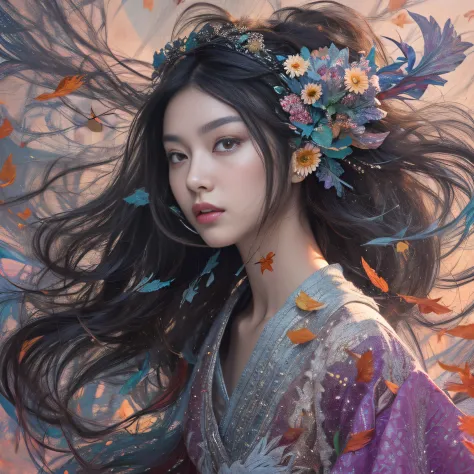 32K（tmasterpiece，k hd，hyper HD，32K）Long flowing black hair，ponds，zydink， a color， Aozhou people （Concubine girl）， （Purple silk scarf）， Combat posture， looking at the ground， long whitr hair， Floating hair， Carp pattern headdress， Chinese long-sleeved cloth...