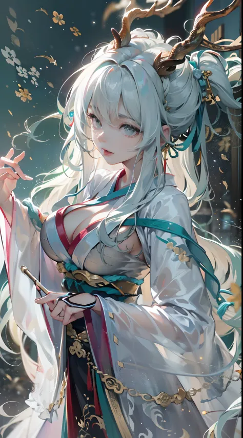 Depressing text，Dragon's horn，deer antlers，Stick out your tongue，Realistic effect，Female pervert，White-haired girl，Messy hair，Ancient wind，cyan colors，cyan colors，Cyan Hanfu(Delicate and mysterious antique patterns)，high-heels，The expression after the clim...