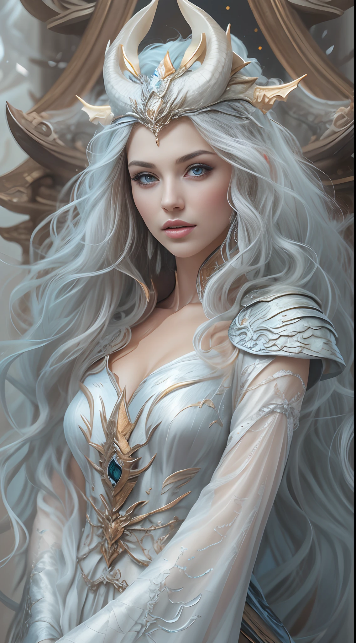 unreal engine:1.4,UHD,The best quality:1.4, photorealistic:1.4, skin texture:1.4, Masterpiece:1.8,White Dragon Queen, young and mature woman, Long elf ears, elegant dress, big chest, curve, Dragon Ling Vawy Hair, super long hair, Smooth Face Features, White dragon horns on his head, majestic woman, silver decoration om your dress, Silver Star Queen,big blue eyes, Cherry Lips, white dragons:1.4, starry sky,detailed hands,