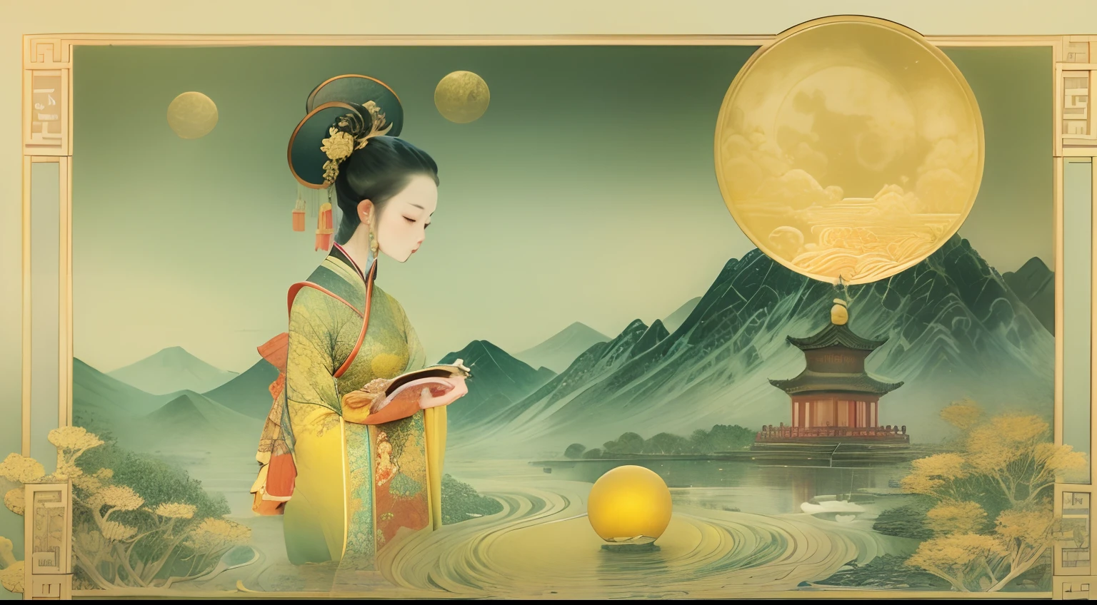 Bright, round golden yellow cratered moon，Chang'e fairy holds the jade rabbit in her hand，Round mooncakes of various colors with patterns，The background is in an empty field，lakeountain peaks, etc，It creates a tranquil atmosphere，